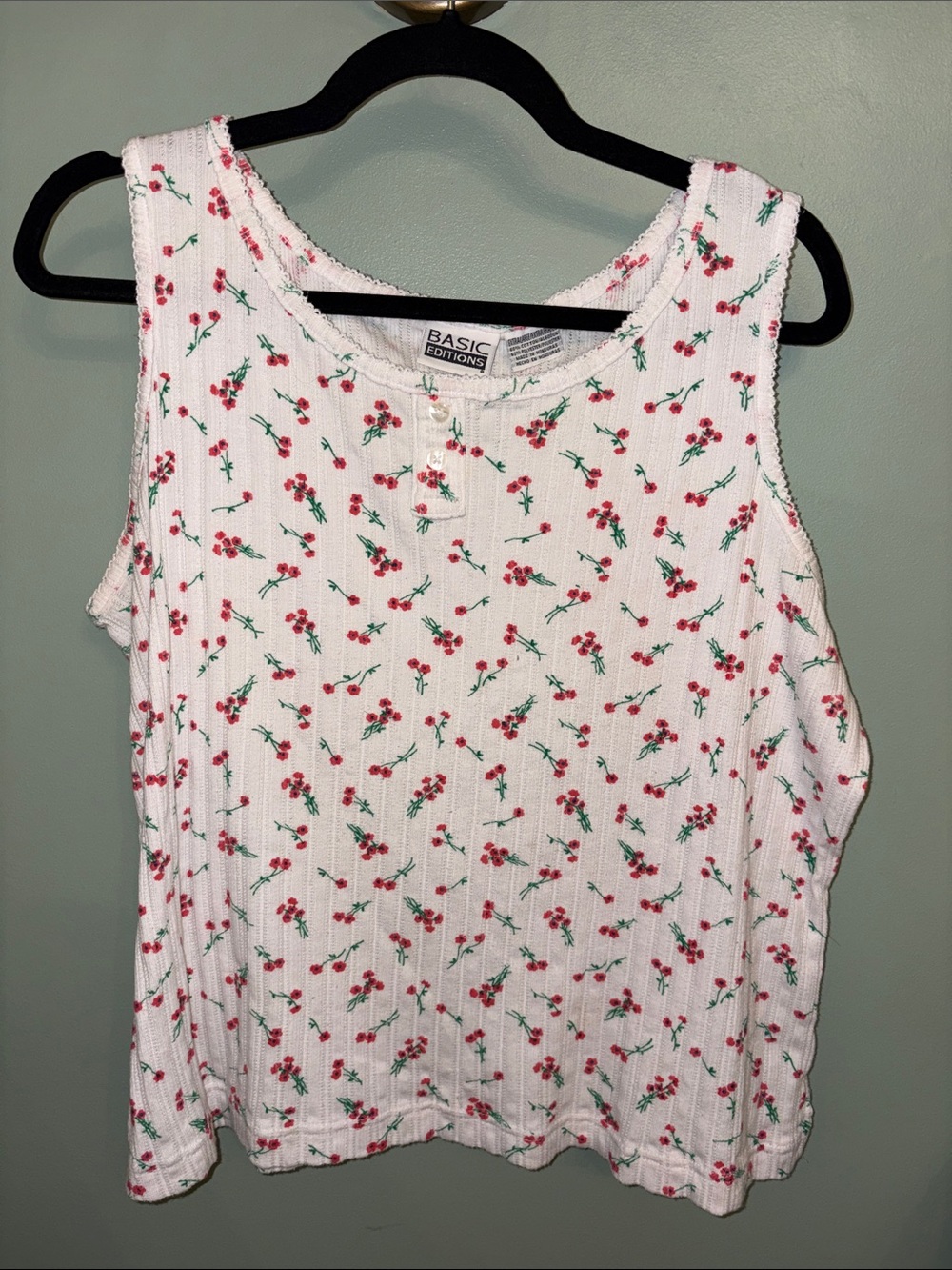 Basic Editions White Tank Top with Red Cherry Floral Print